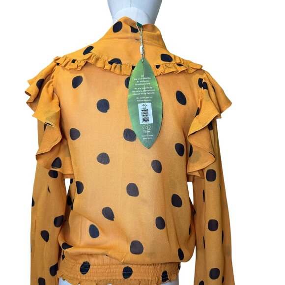 Farm Rio XS Mustard Yellow Polka Dot Ruffle Sheer Blouse NWT - Picture 7 of 11